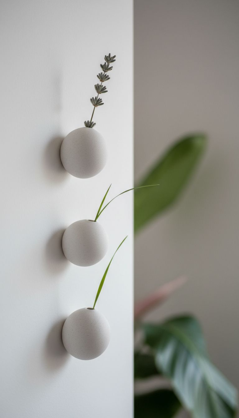 13 Minimalist Kitchen Wall Decor Ideas For Every Style 21 A trio of matte white ceramic bud vases in organic shapes mounted vertically on a wall, holding dried lavender and grass.