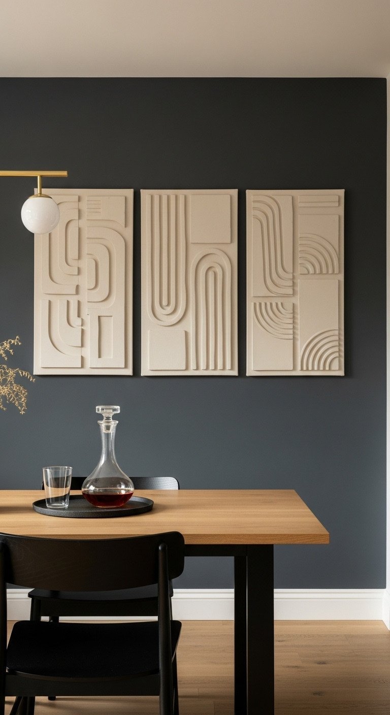 A triptych of beige sculptural plaster art panels on a charcoal gray accent wall in a modern kitchen dining area.