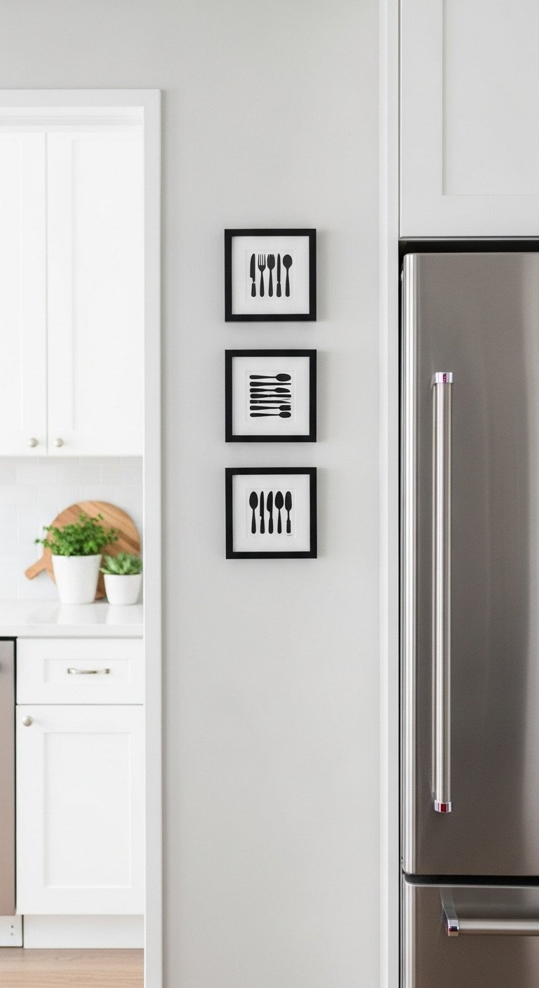 A vertical stack of three small, framed black and white prints on a narrow wall in a well-organized galley kitchen.