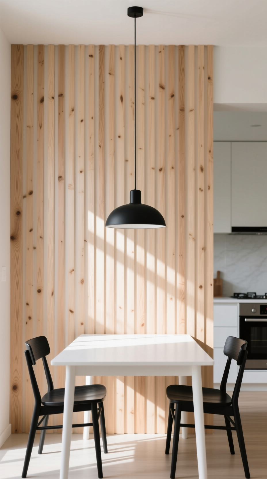 11 Diy Kitchen Wall Decor Ideas That Look High End 19 A vertical wood slat accent wall provides a textured, minimalist backdrop for a dining nook in a modern Japandi-style kitchen.