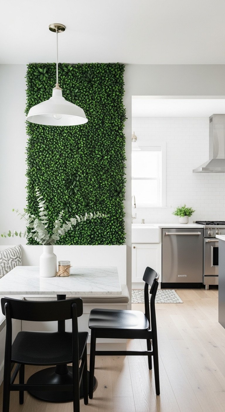 A vibrant artificial boxwood accent wall creating a lush green backdrop for a minimalist breakfast nook in a modern kitchen.