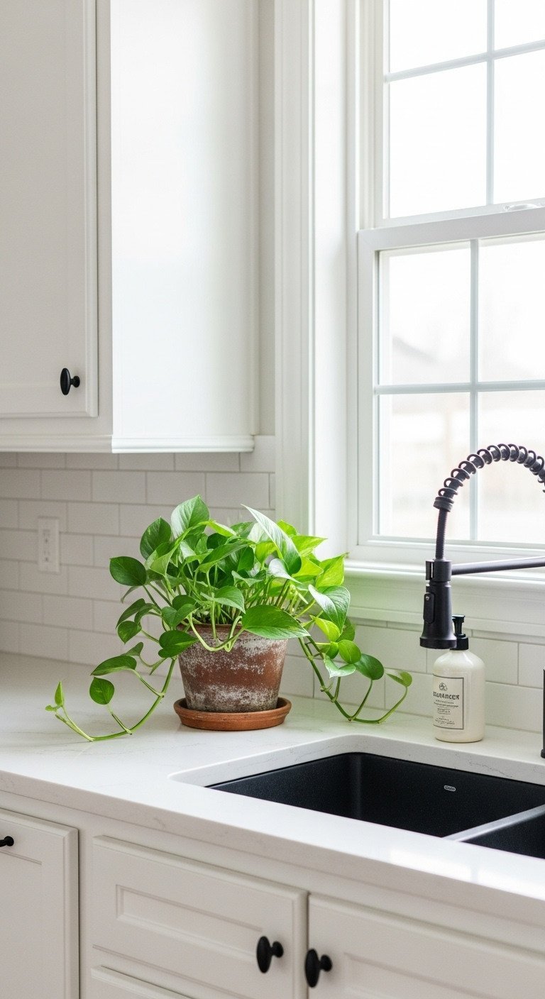 A vibrant green Pothos plant with trailing vines in a terracotta pot on a white quartz countertop in a sunlit kitchen.