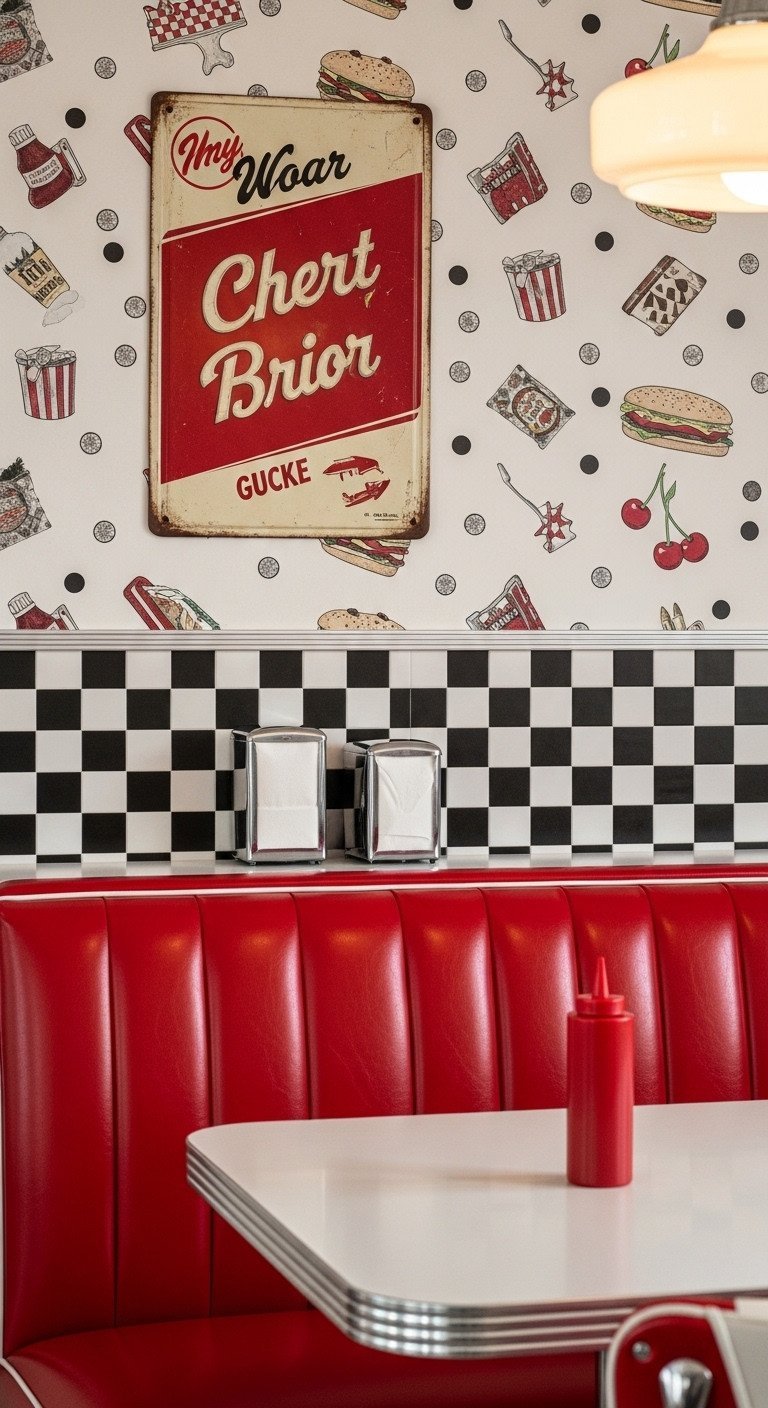 A vibrant, red and cream embossed metal tin sign hangs on a checkerboard wall above a red vinyl diner booth in a retro nook.