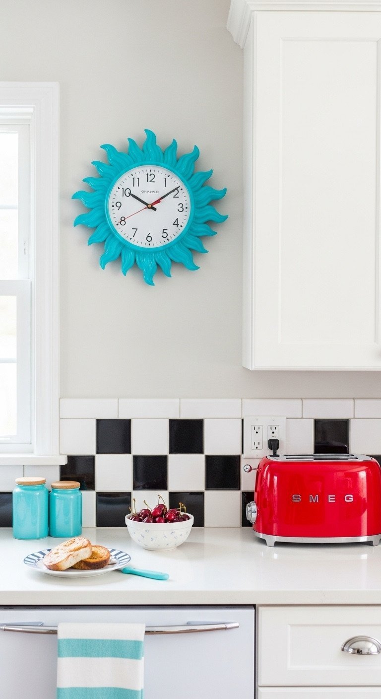 A vibrant turquoise retro sunburst clock hangs above a red toaster on a black and white checkerboard kitchen backsplash.