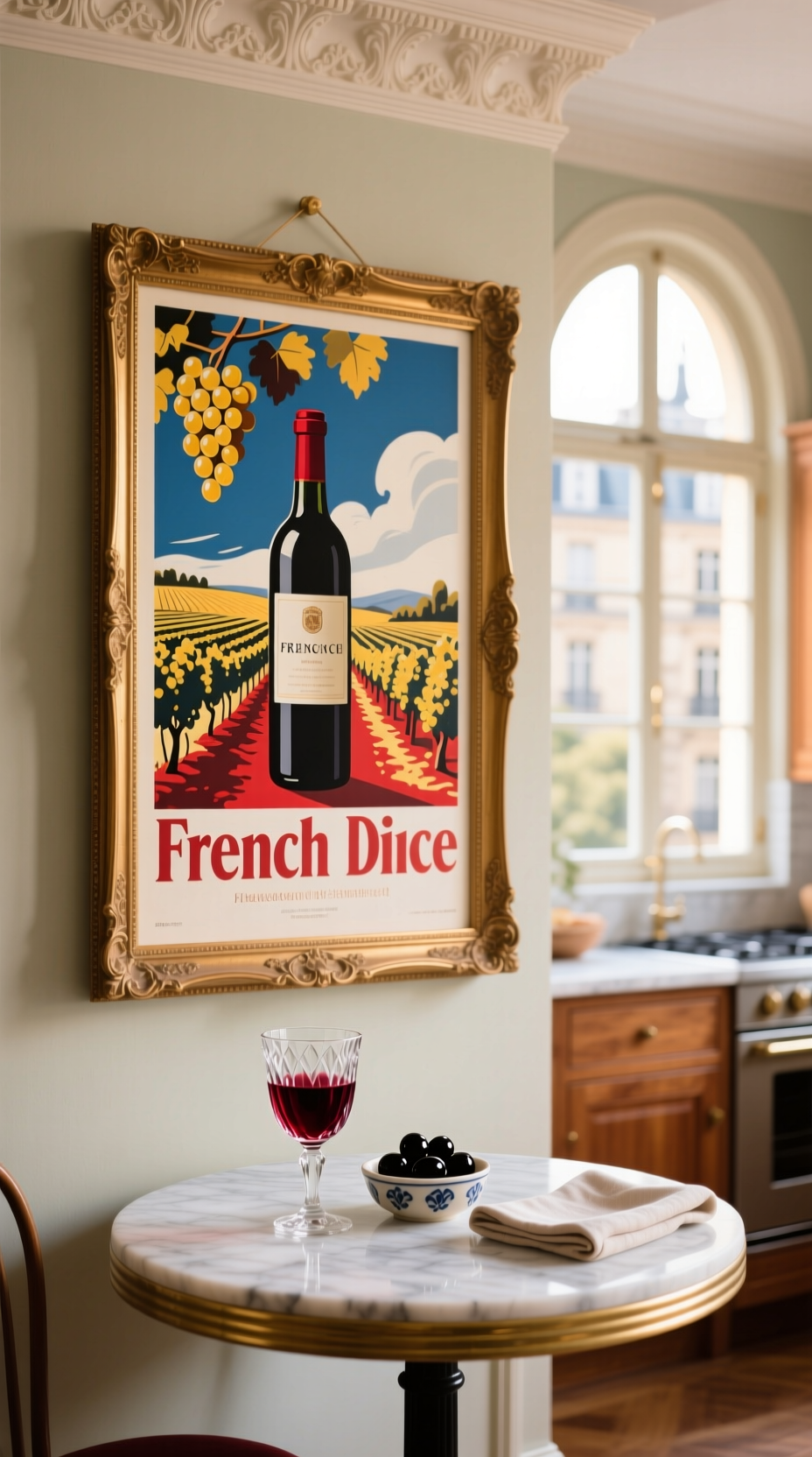 Stunning Vintage Kitchen Decor Ideas For A Charming Home 17 A vintage French advertisement poster hangs in a chic Parisian-style kitchen above a marble bistro table with red wine.