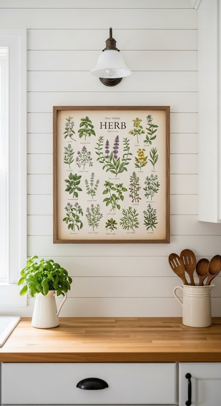 A vintage botanical herb chart in a rustic wood frame hangs on a white shiplap wall in a cozy farmhouse kitchen.