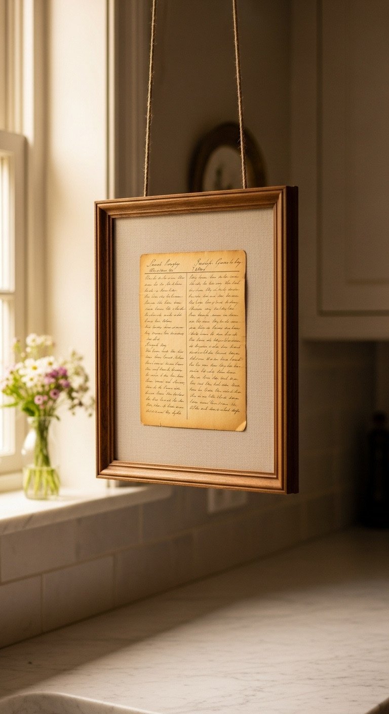 A vintage handwritten recipe card float-mounted in a dark wood frame hangs on a wall in a cozy, traditional kitchen.