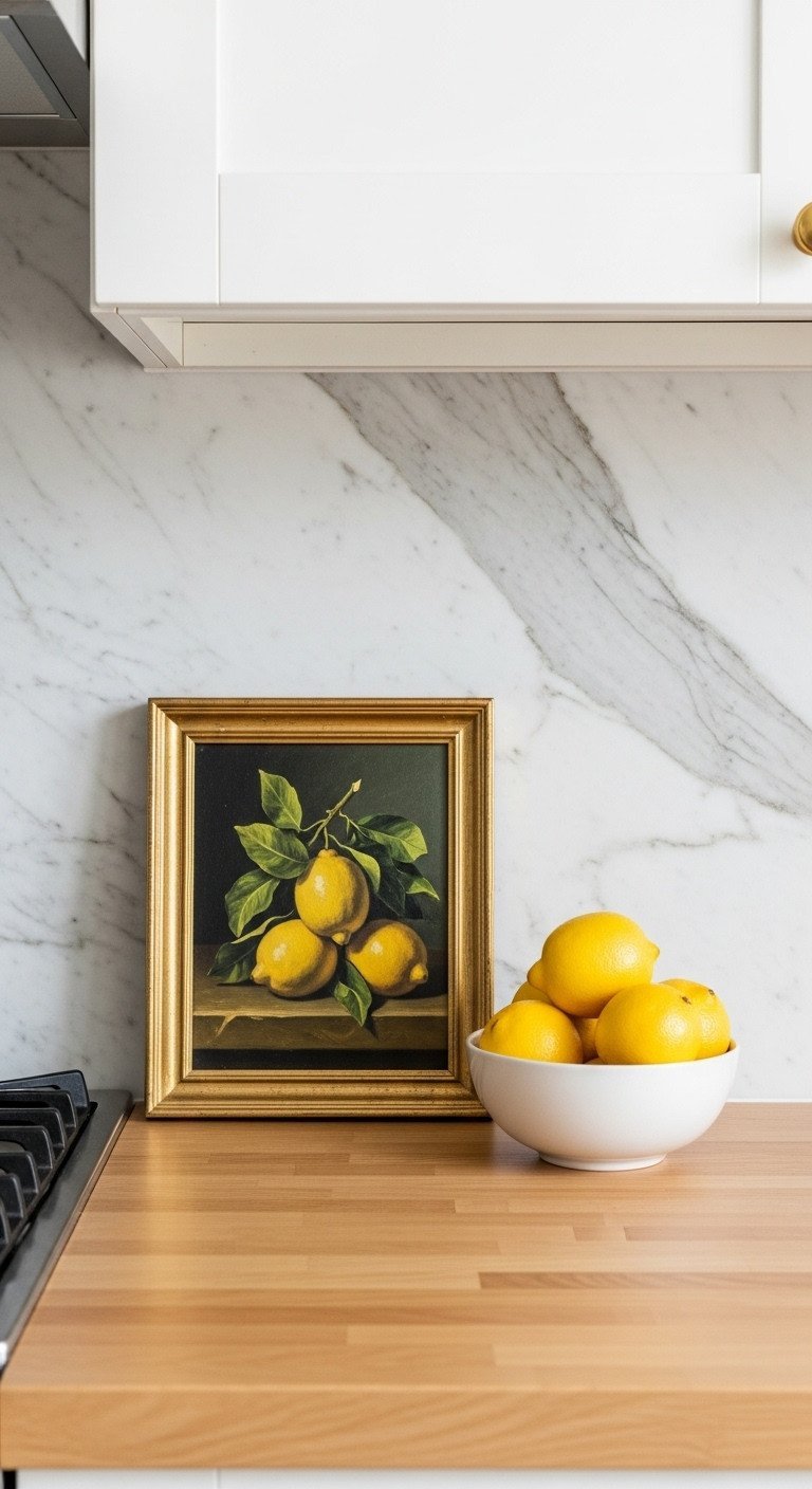 A vintage lemon oil painting leaning on a marble backsplash with a white bowl of fresh lemons on a wood countertop.