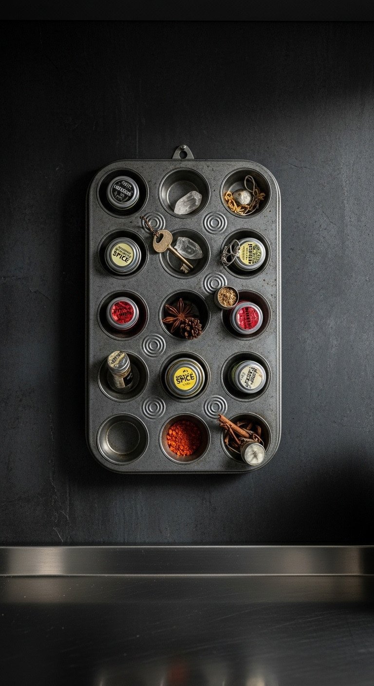Brilliant Upcycled Kitchen Decor Ideas To Transform Your Walls 15 A vintage metal muffin tin on a charcoal wall, upcycled into an industrial magnetic spice rack holding tins and small objects.