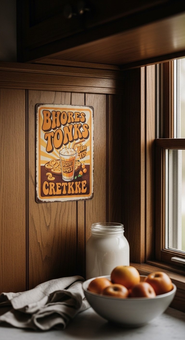 A vintage reproduction tin sign with a 70s food advertisement hangs on a dark wood-paneled wall for a retro kitchen.