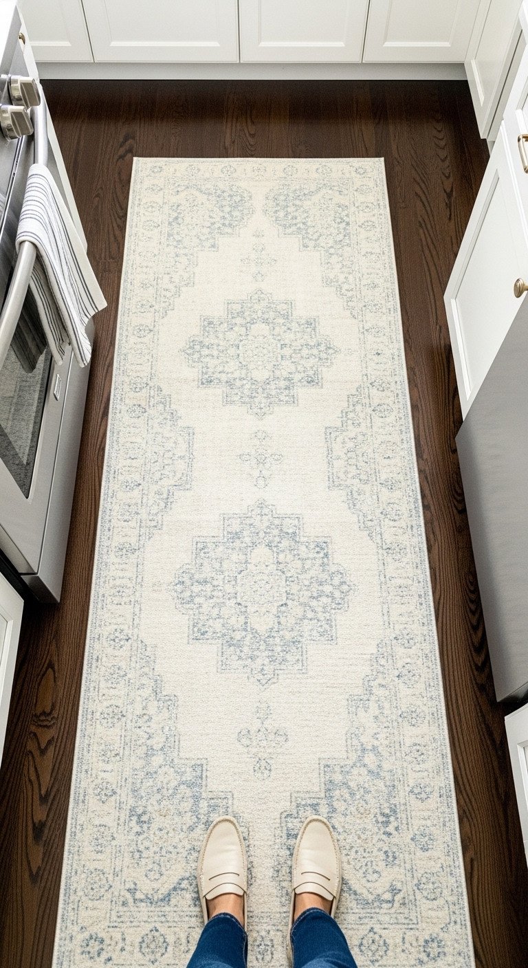 13 Decor Secrets To Make Your Dark Kitchen Feel Brighter 7 A vintage-style runner rug with a blue and cream pattern on dark hardwood floors at the base of white kitchen cabinets.