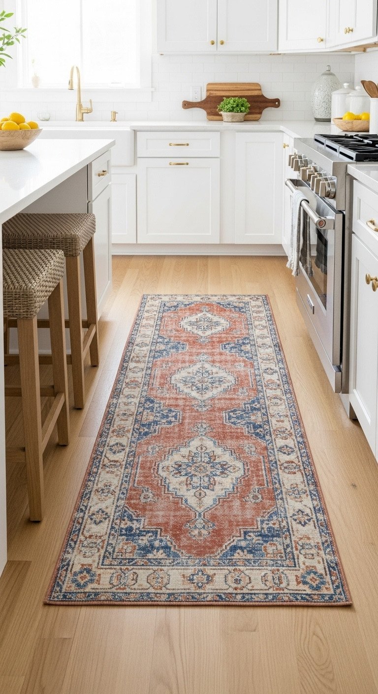 A vintage-style washable runner rug with a faded terracotta and blue pattern on a light oak wood floor in a white kitchen.