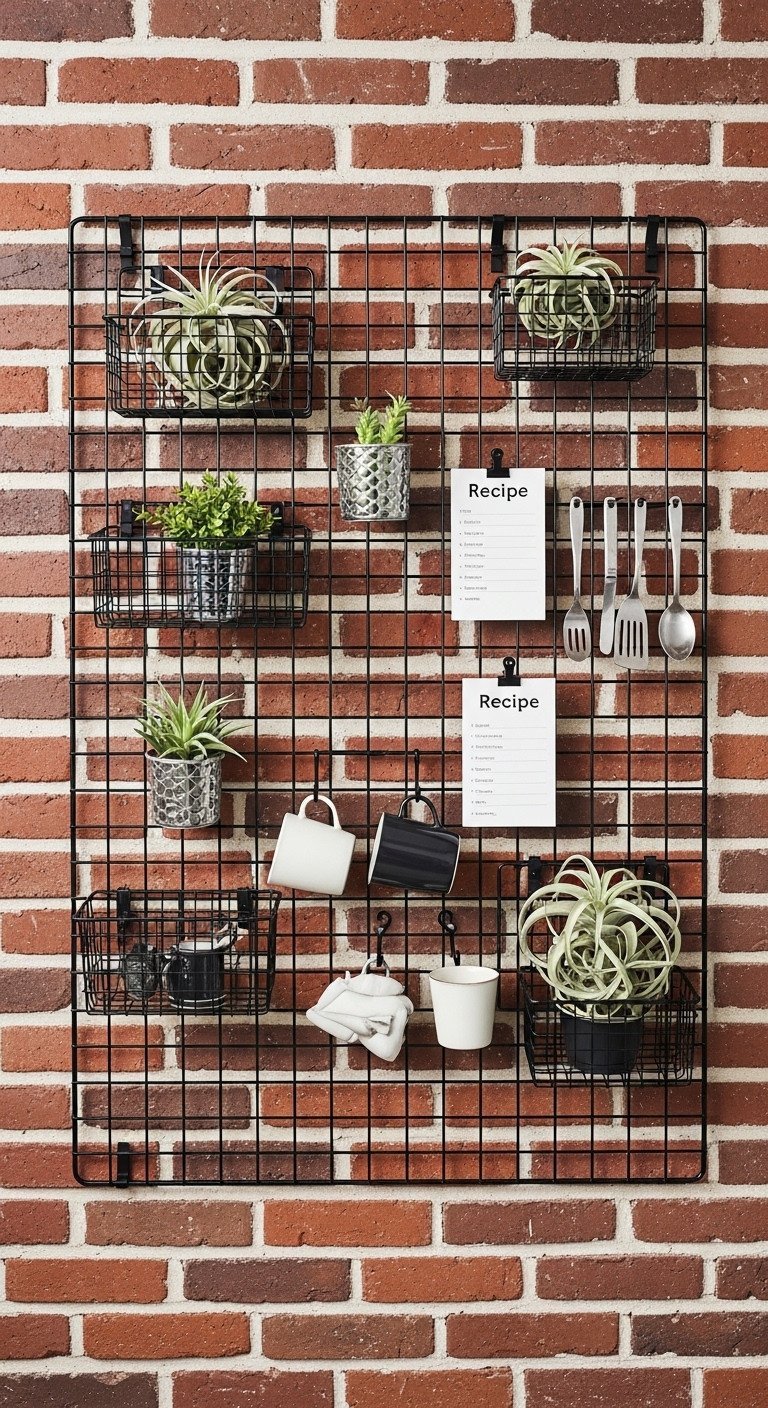 A vintage wooden ladder repurposed as a plant stand, leaning against a shiplap wall in a cozy, farmhouse-style kitchen.