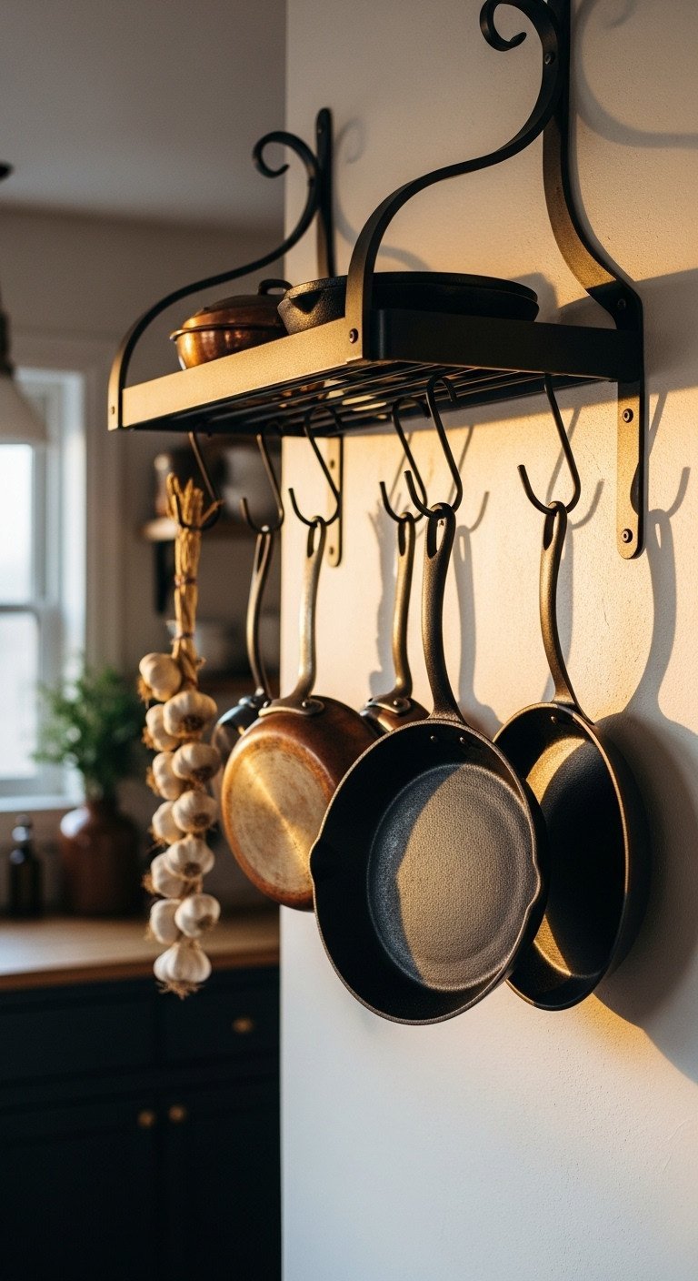 A wall-mounted black wrought iron pot rack holds copper pans and dried herbs on a cream-colored kitchen wall.