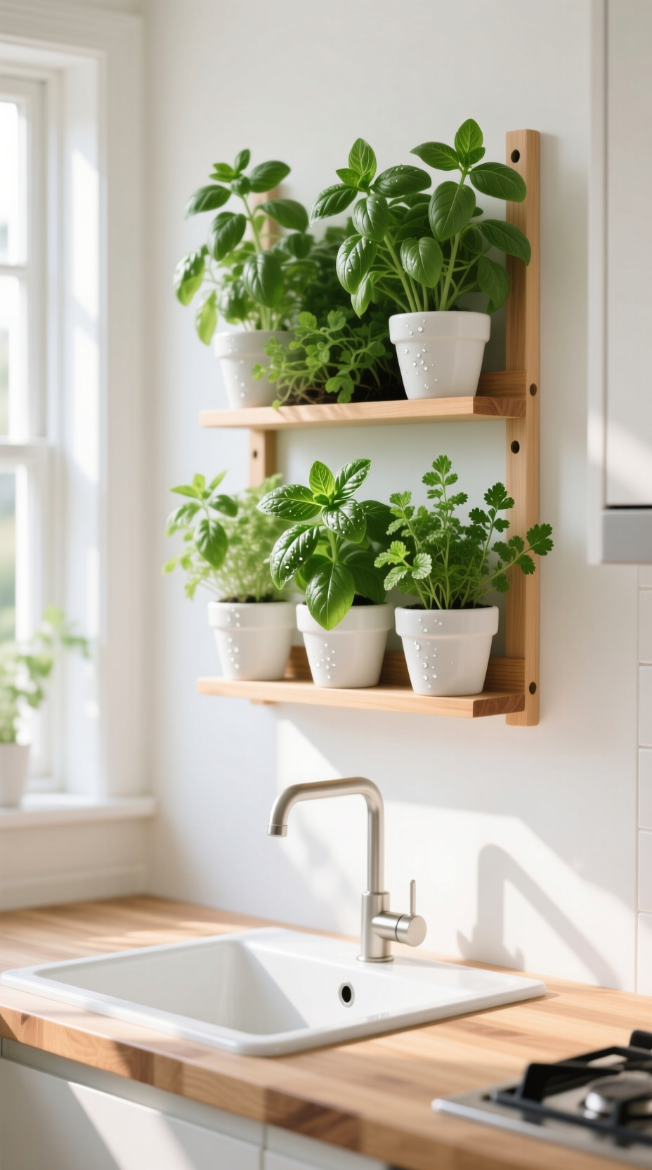 Genius Kitchen Wall Decor Ideas To Elevate Your Sink 8 A wall-mounted vertical herb garden with basil and mint in a bright, Scandinavian-style kitchen over a butcher block counter.