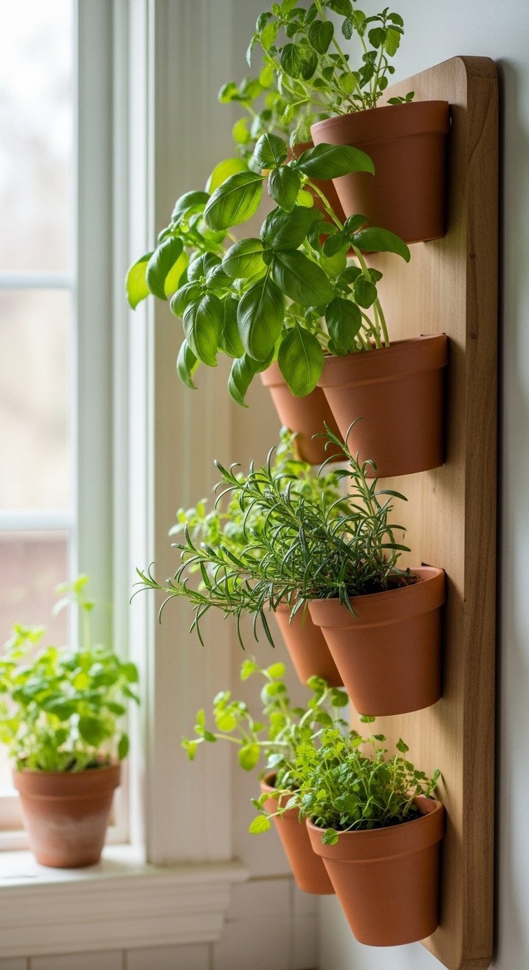11 Smart Empty Kitchen Wall Ideas For Style And Storage 19 A wall-mounted vertical herb garden with fresh basil and mint growing in small terracotta pots near a kitchen window.