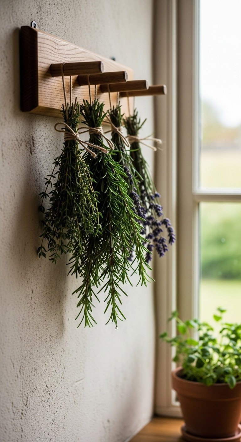 13 Stunning French Country Wall Decor Ideas For Your Kitchen 13 A wall-mounted wooden rack with fresh rosemary and lavender hanging upside down to dry in a rustic kitchen.