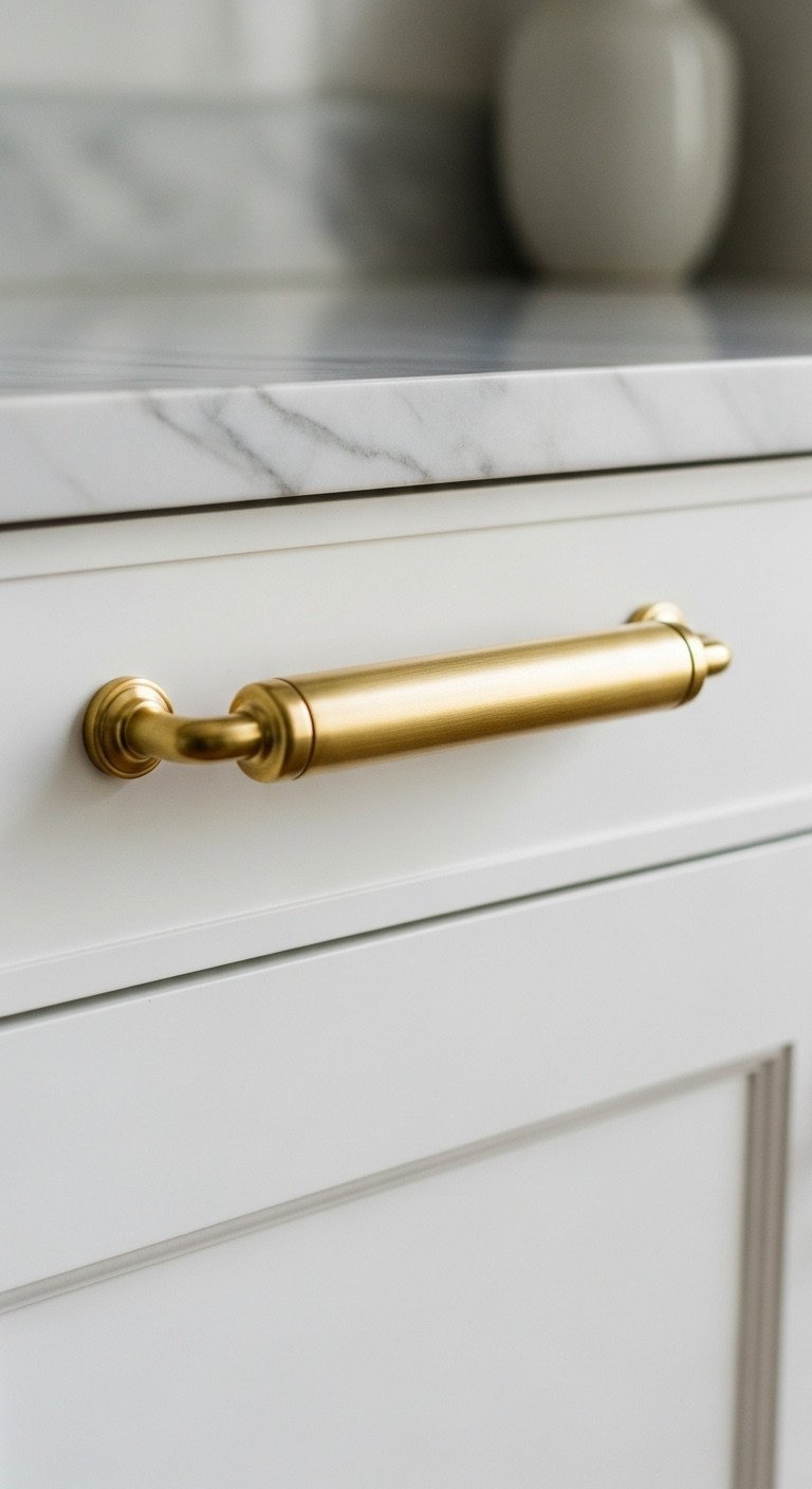 A warm, golden unlacquered brass cabinet pull on a crisp white shaker cabinet door in an elegant, modern kitchen.