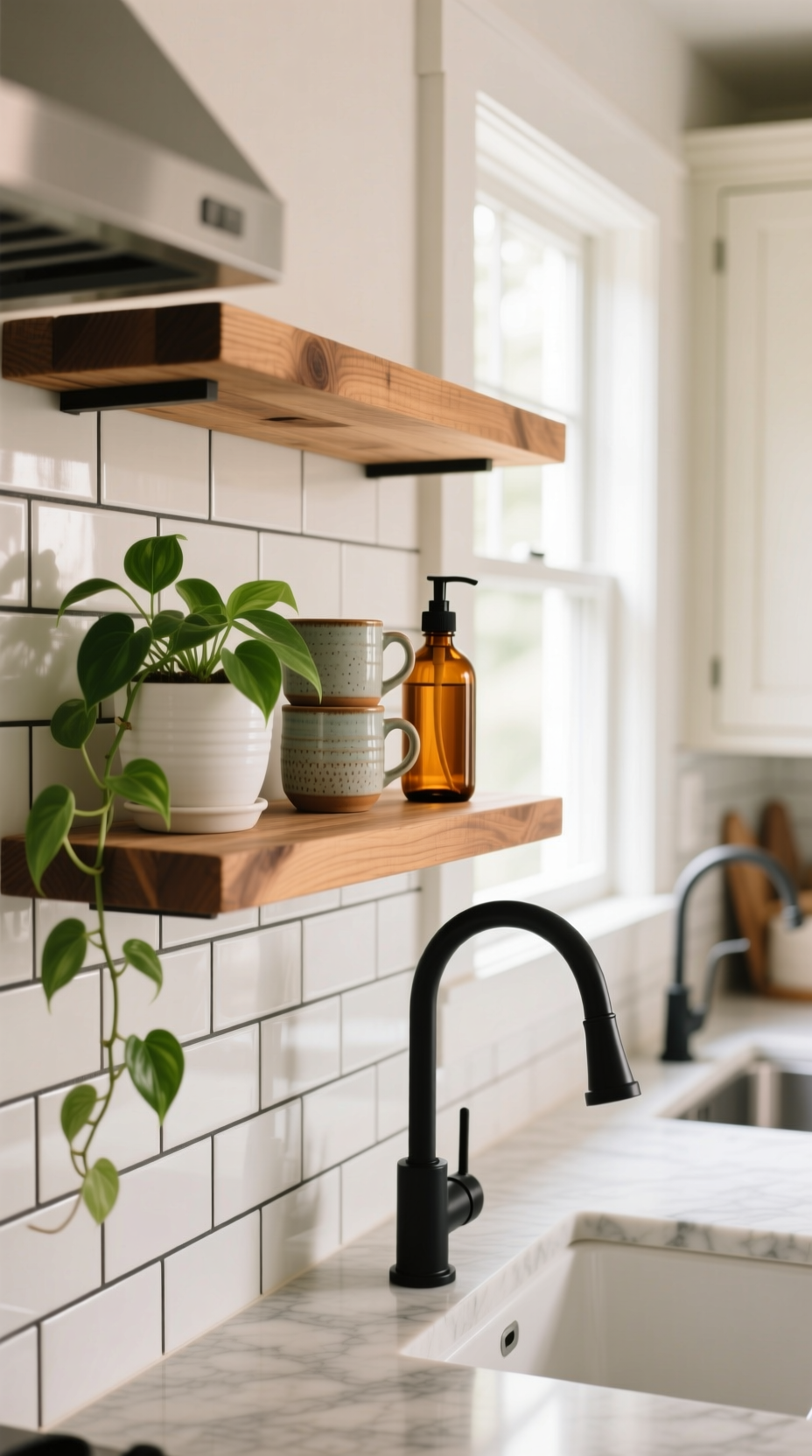Genius Kitchen Wall Decor Ideas To Elevate Your Sink 1 A warm reclaimed wood floating shelf in a modern farmhouse kitchen styled with a plant, ceramic mugs, and a soap dispenser.