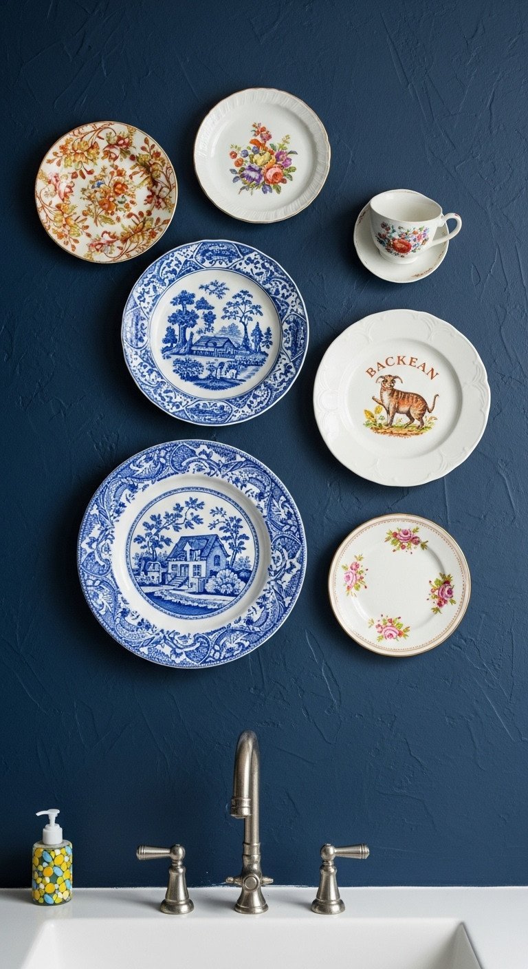 A whimsical collection of vintage and modern decorative plates hung in a cluster on a deep navy blue kitchen wall.