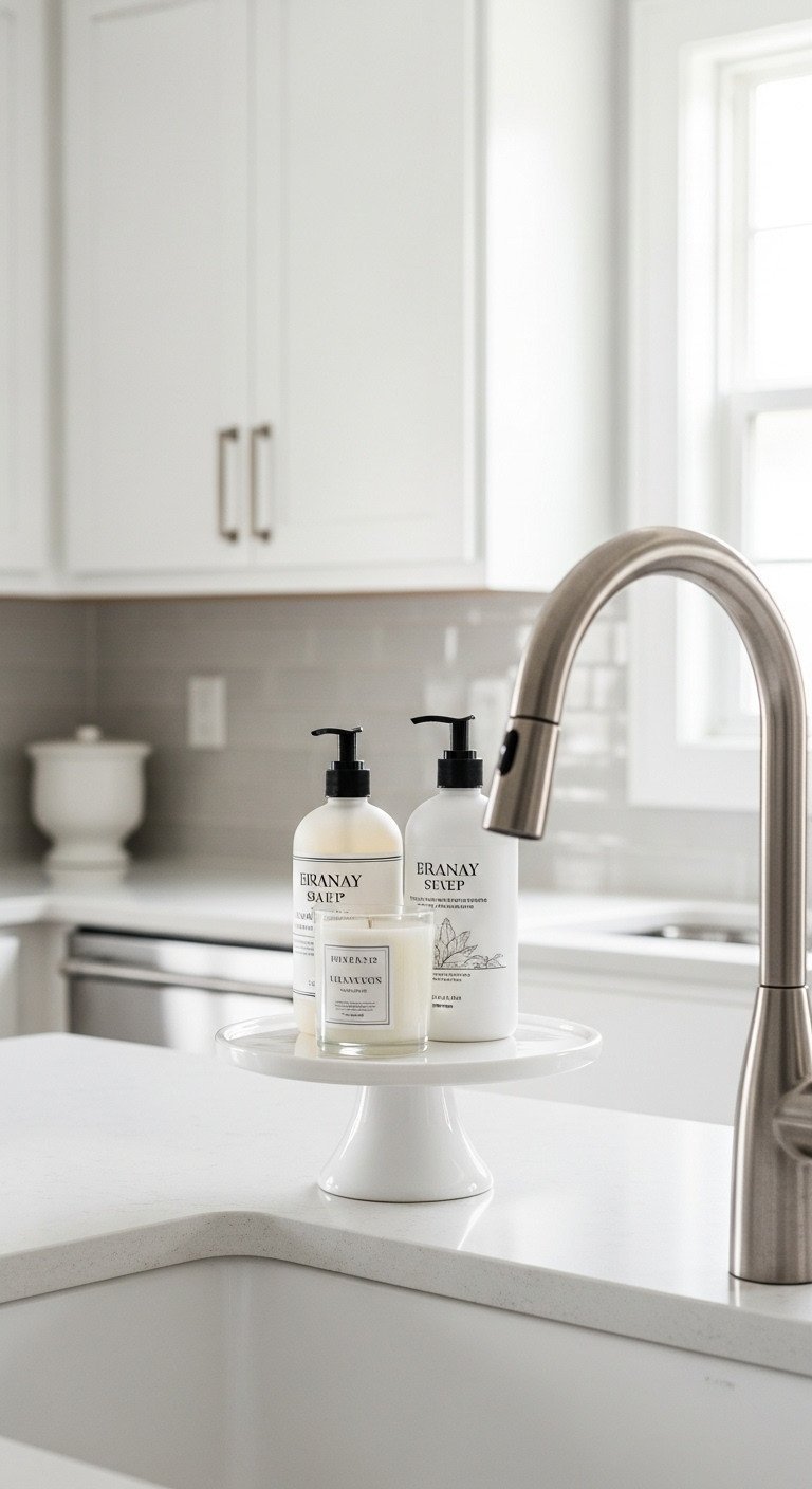 A white ceramic cake stand used as a tray to organize hand soap, lotion, and a candle by a modern kitchen sink.