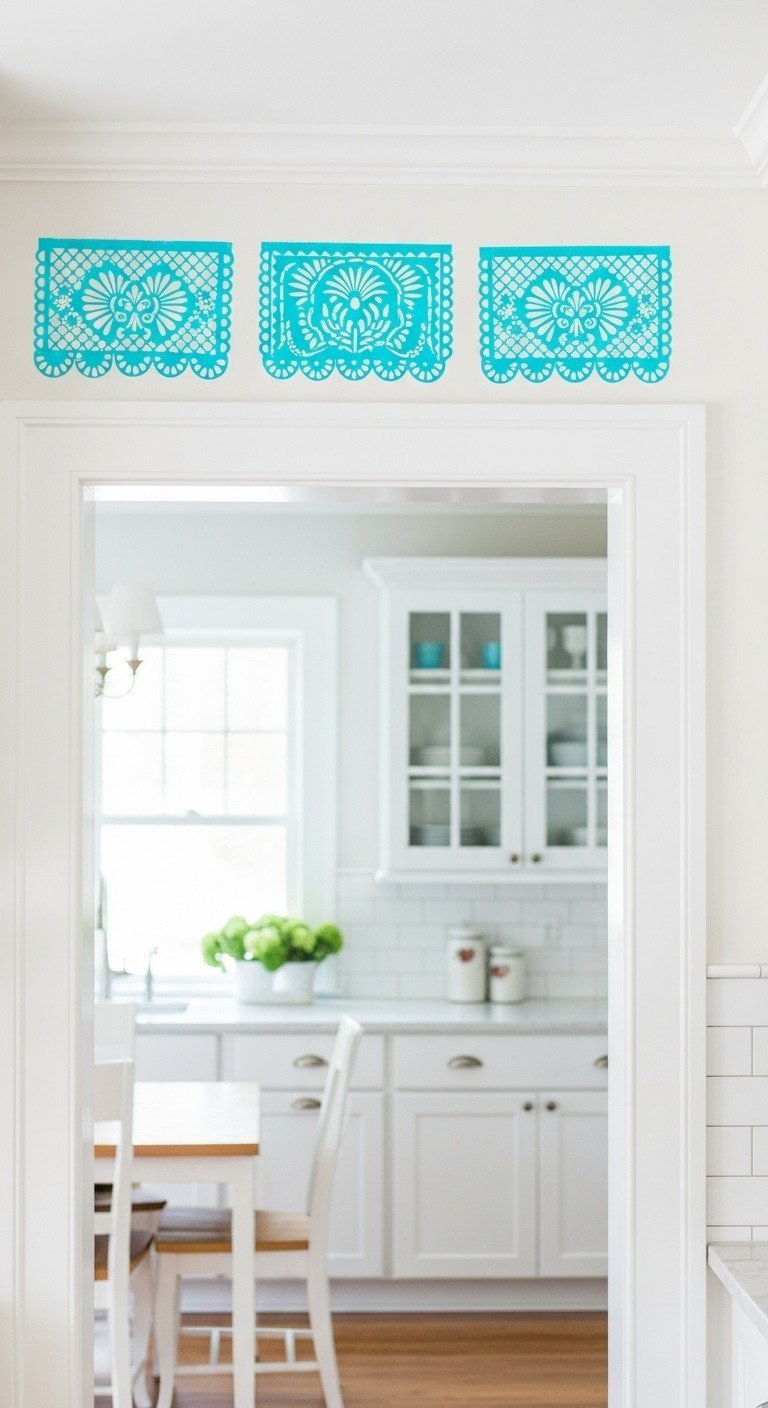 11 Stunning Mexican Kitchen Decor Ideas For A Tasteful Home 21 A white kitchen wall with a vibrant turquoise stenciled border inspired by the intricate patterns of papel picado banners.
