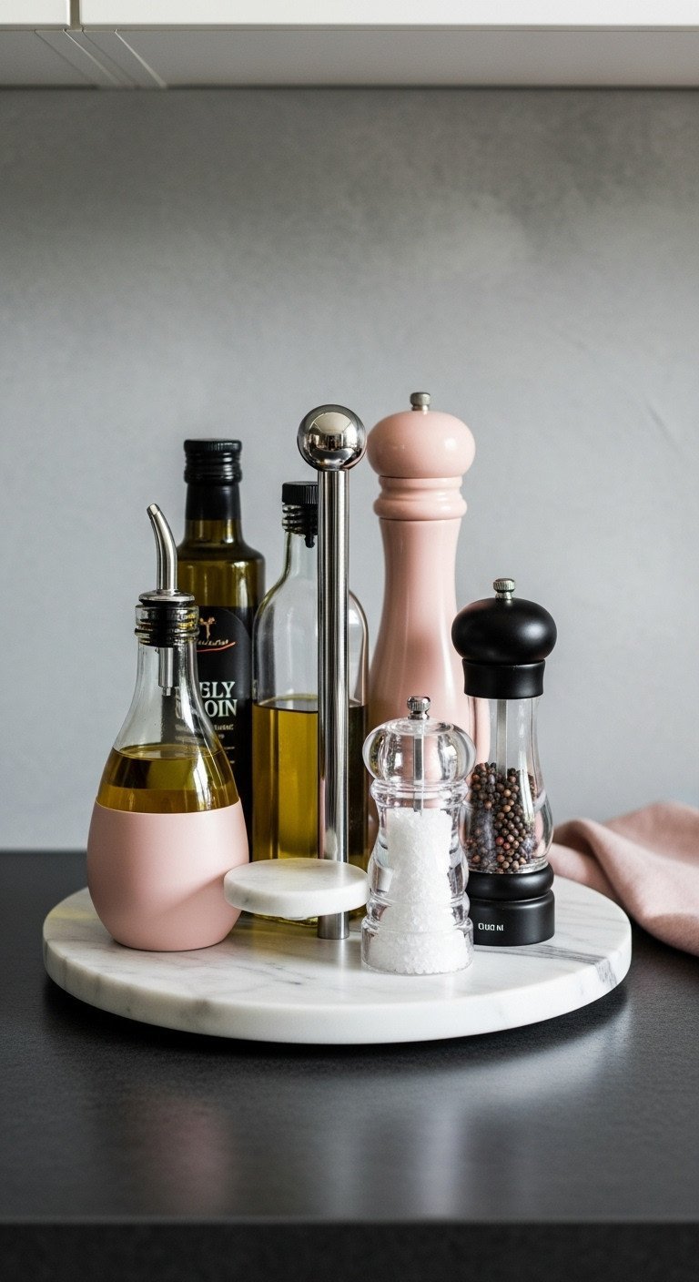 9 Brilliant Kitchen Corner Ideas Beyond The Countertop 15 A white marble lazy susan on a black countertop, organizing olive oil, vinegar, salt and pepper grinders.