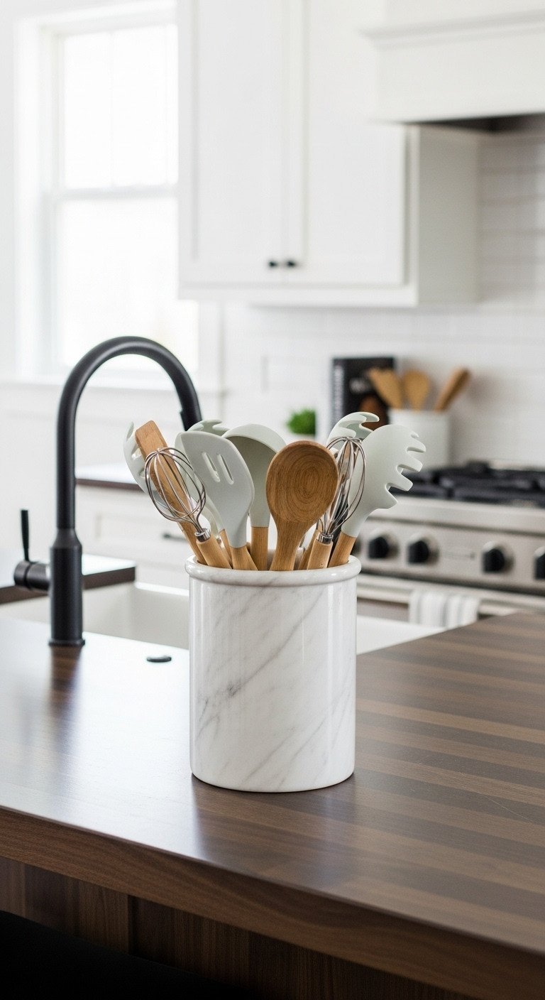 A white marble utensil crock filled with wooden and silicone cooking tools on a dark butcher block modern farmhouse island.