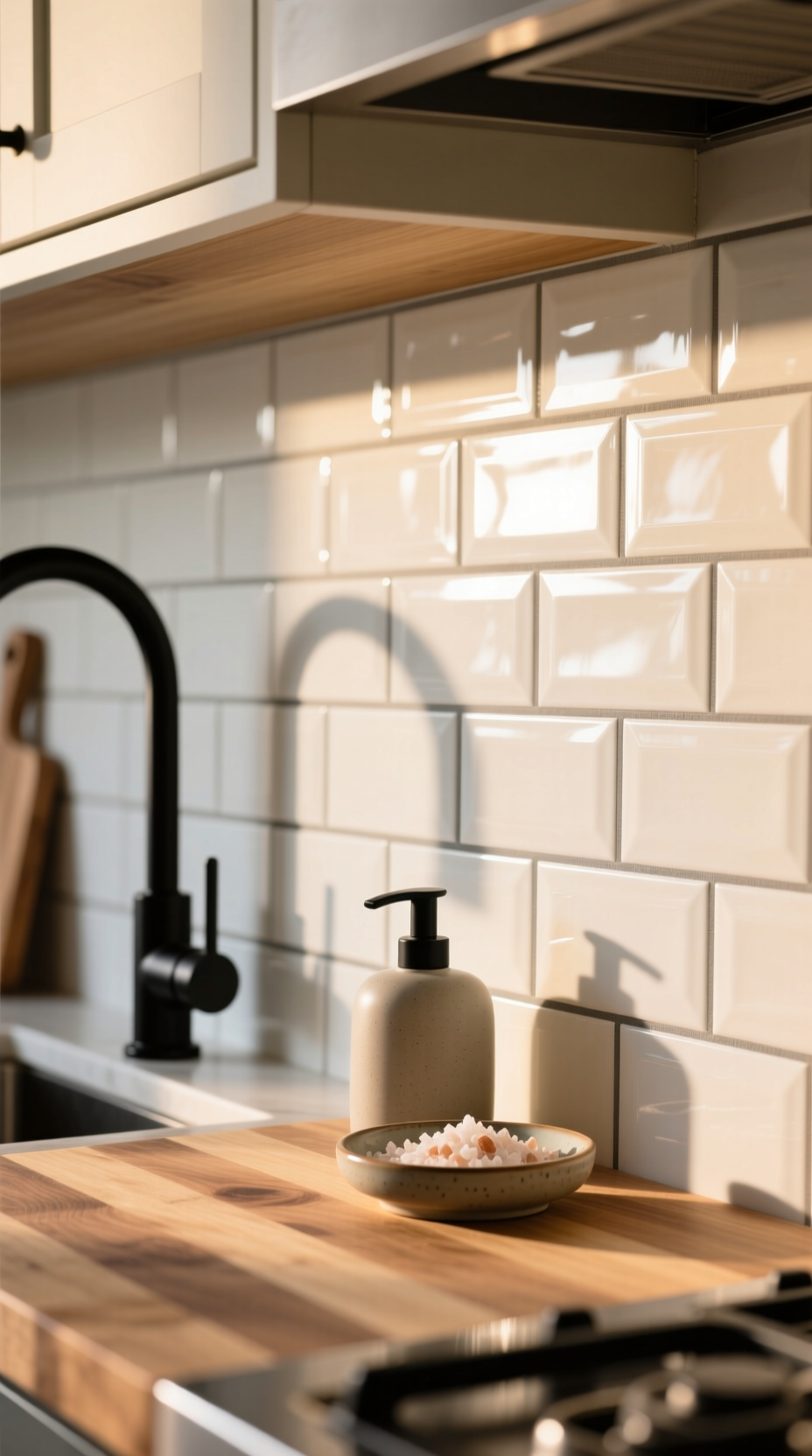A white subway tile peel-and-stick backsplash over a butcher block countertop in a modern, warm-toned kitchen update.