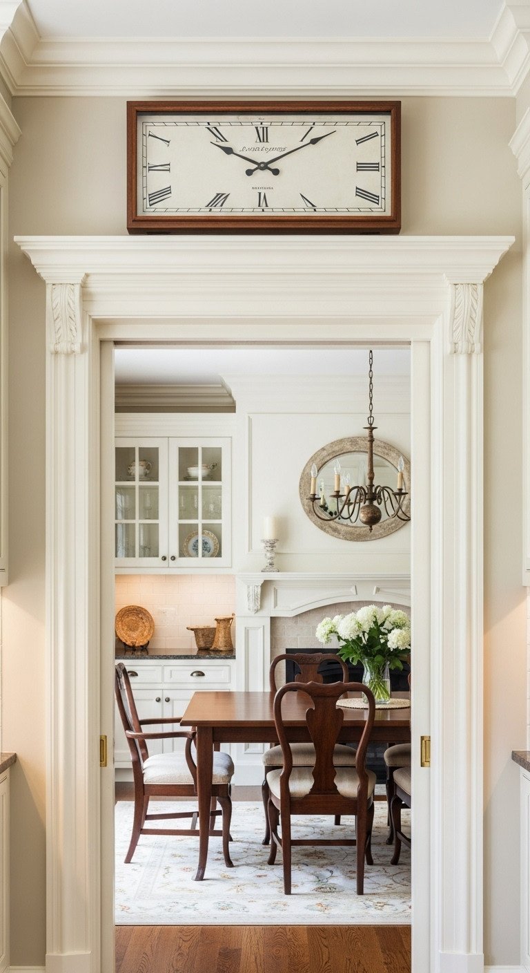 A wide rectangular clock designed for an entryway hangs above a white cased doorway in a traditional kitchen with cream cabinets.