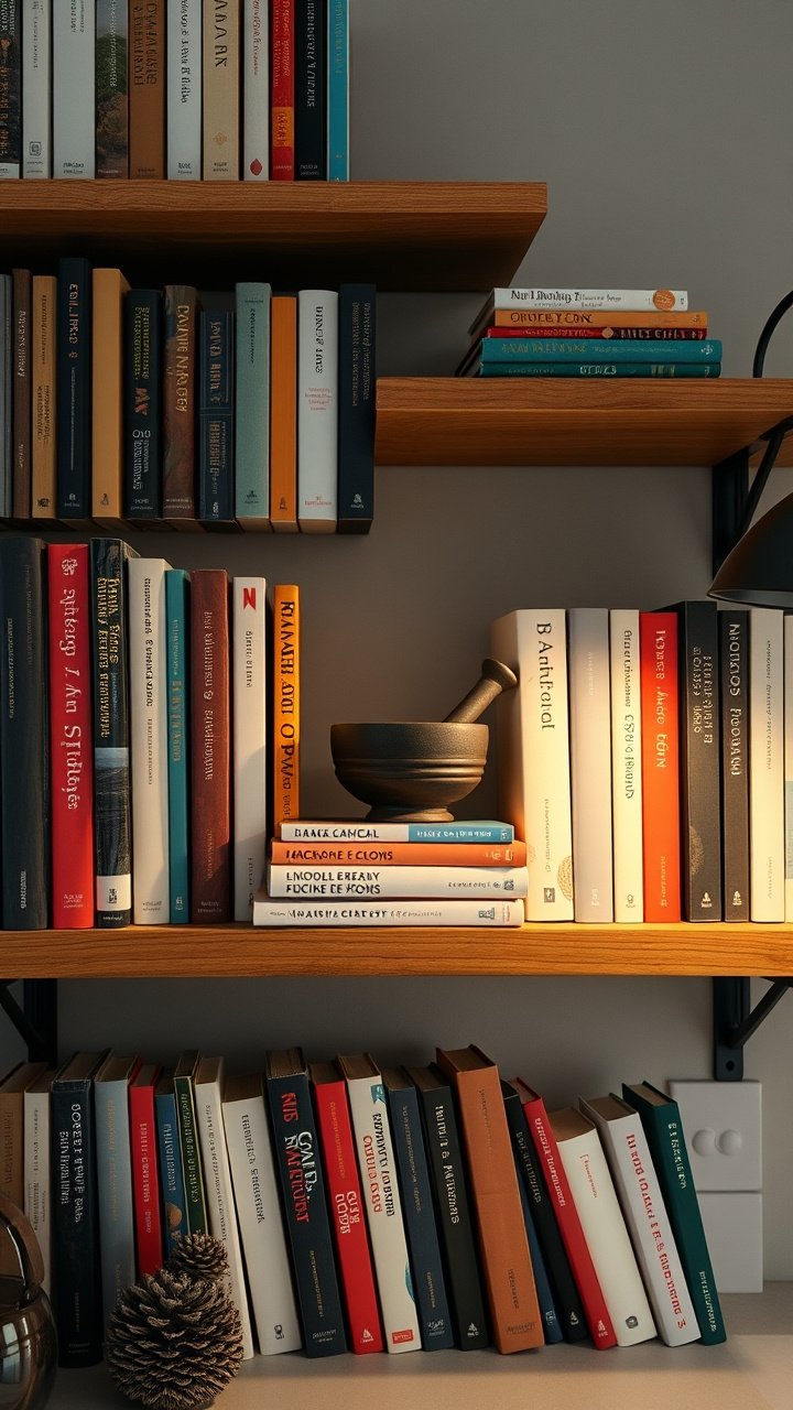 A wooden baker's shelf organized with glass flour jars, stacked mixing bowls, a marble rolling pin, and copper measuring cups.