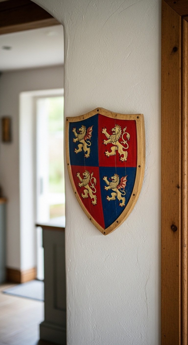 A wooden, kite-shaped heraldic shield with a painted lion crest hangs as a striking accent on an off-white plaster wall.