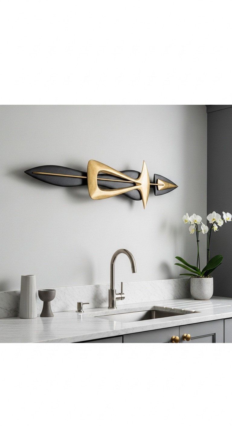 Abstract biomorphic metal wall sculpture in brass and black over a marble countertop in a chic mid-century modern kitchen.