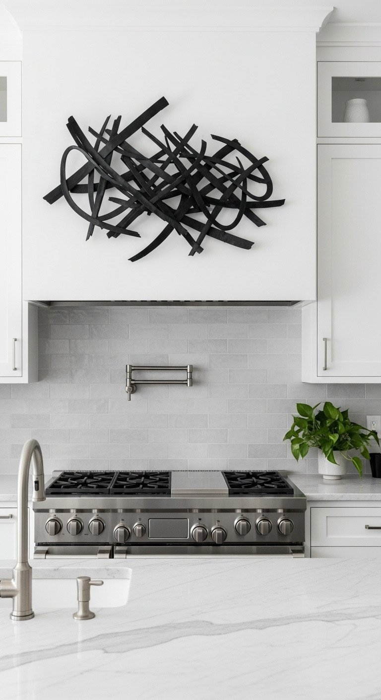 Abstract black metal wall art sculpture on a light gray tile wall above a stainless steel stove in a modern kitchen.