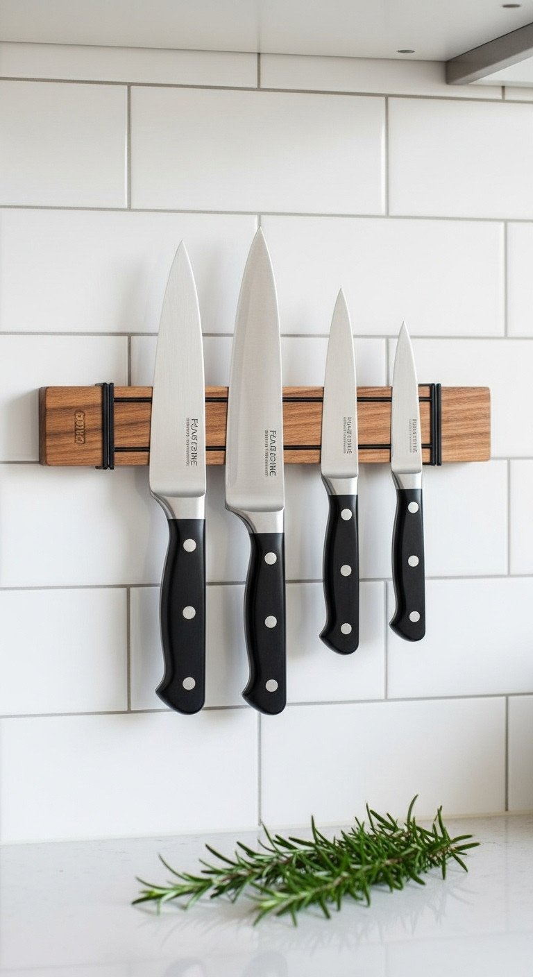 Acacia wood magnetic knife strip holding professional chef's knives, mounted on a white subway tile kitchen backsplash.