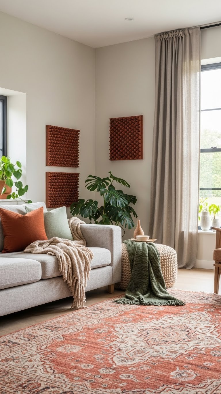 Acoustic solutions for open living room: high-pile rug, textured wall art, and heavy linen drapes creating a cozy space.