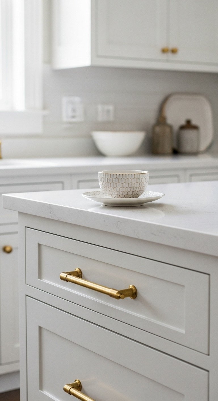 Affordable elegance kitchen detail: white quartz countertop, brass hardware on shaker cabinets. Crisp white, rich brass.