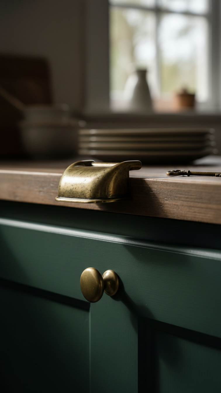 Aged brass cup pull and knob on a matte forest green kitchen cabinet, showcasing vintage hardware details and patina.