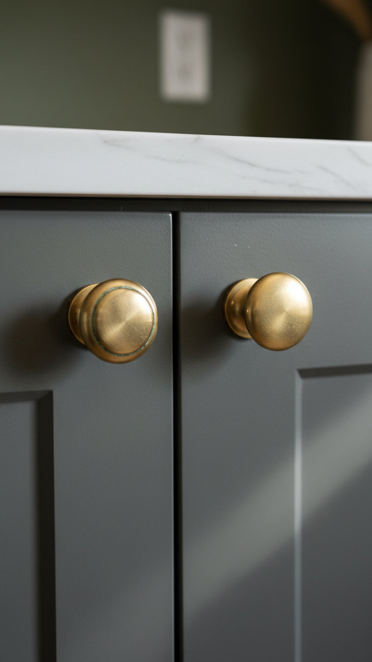 Aged brass cup pull and knob on matte charcoal gray cabinet door, highlighting metal texture and patina for elegant kitchen design.