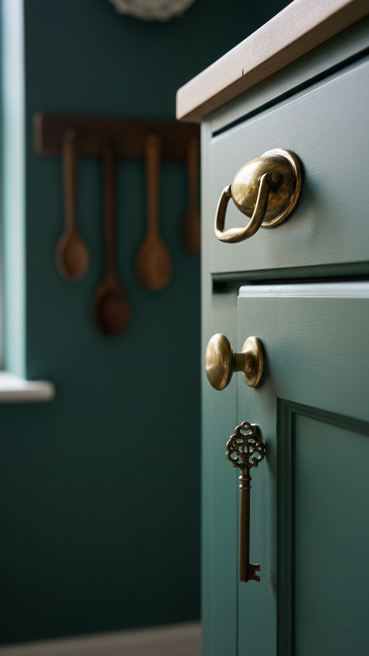 Aged brass cup pulls and knobs with patina on forest green Victorian kitchen cabinets, antique key, rich wood tones.