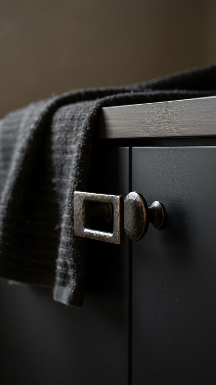 Aged brass kitchen hardware with patina on deep matte black cabinetry. Rich, sophisticated detail, hammered texture.