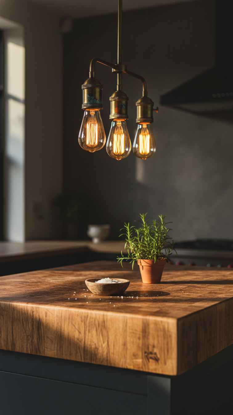 Aged brass pendant light with warm Edison bulbs over a butcher block counter, casting soft shadows in a cozy kitchen.