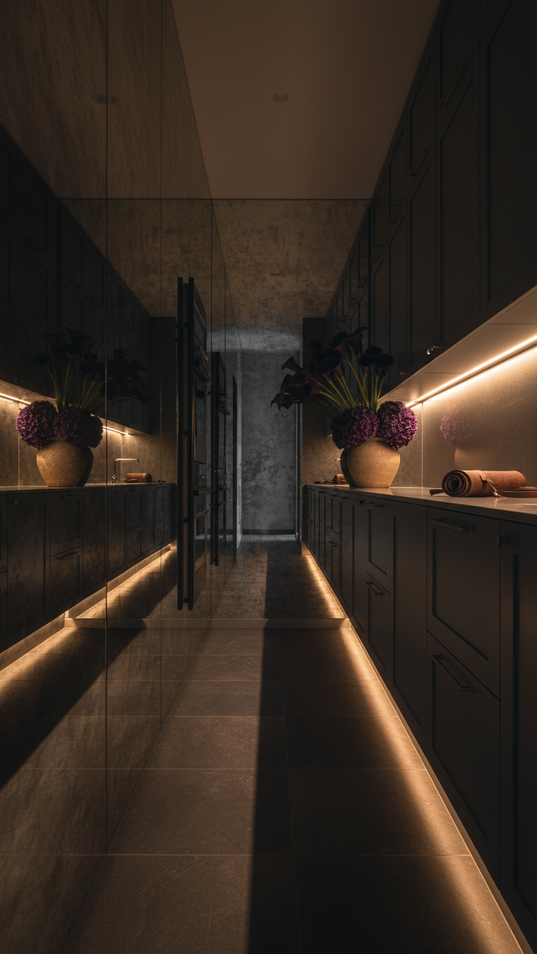 Aged smoked mirror wall panels reflecting dark cabinetry in a narrow galley kitchen, creating spatial illusion, dramatic aesthetic.