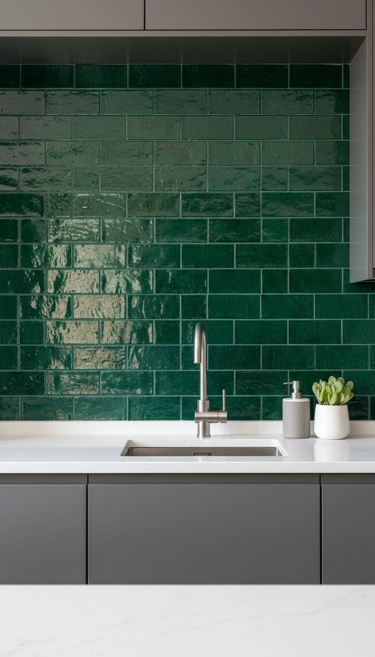 Airy coastal kitchen: pale mint green wall, crisp white cabinets, large windows, white flowers, silver hardware, green apples.