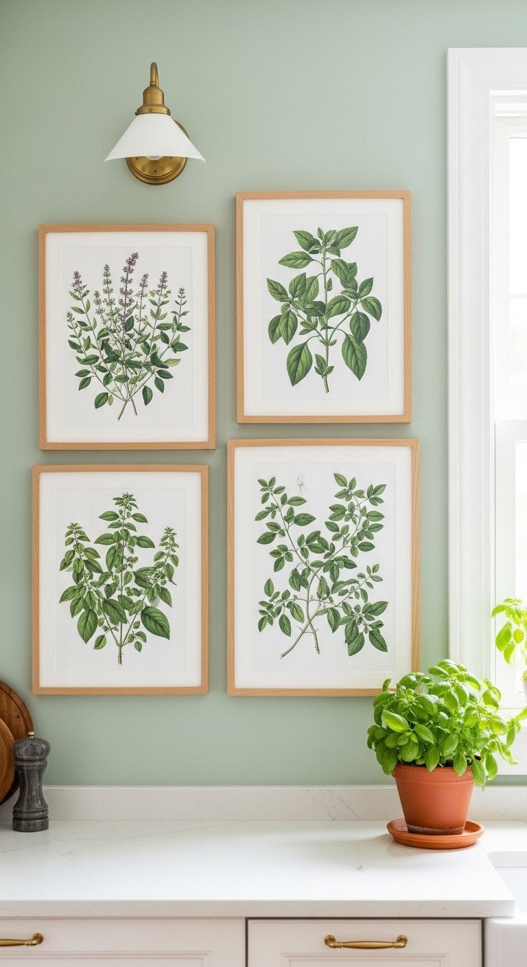 Airy kitchen with a botanical gallery wall of vintage plant prints in light wood frames on a soft sage green wall.