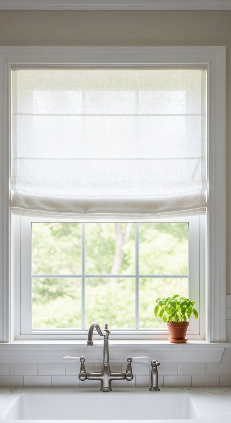 13 Decor Secrets To Make Your Dark Kitchen Feel Brighter 15 Airy white linen Roman shades on a sunlit kitchen window above a sink, with a small basil plant on the windowsill.