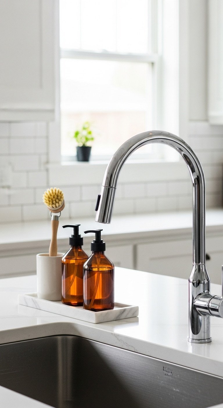 Amber glass soap dispensers and a wood dish brush on a marble tray next to a chrome faucet on a white quartz kitchen island.