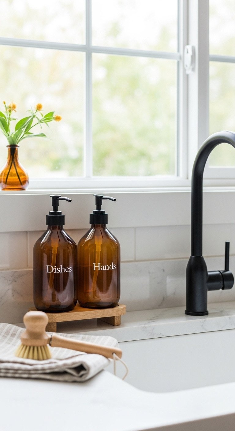 Amber glass soap dispensers with black pumps on a wood pedestal next to a modern black faucet on a white marble countertop.