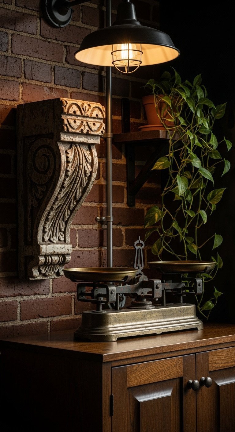 An antique wooden corbel and vintage brass scale sit above dark wood cabinets in a rustic kitchen with an exposed brick wall.
