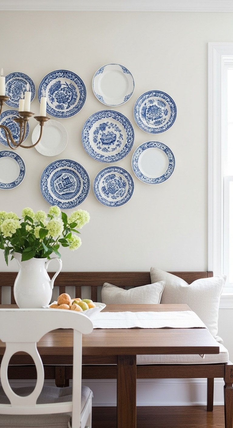 11 Smart Empty Kitchen Wall Ideas For Style And Storage 21 An arrangement of vintage blue and white porcelain plates hanging in a cluster on a creamy white kitchen wall.